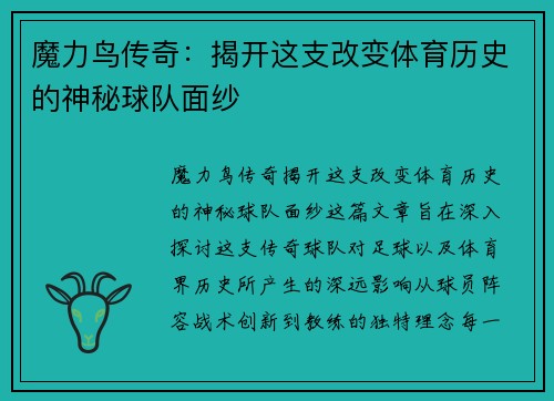 魔力鸟传奇：揭开这支改变体育历史的神秘球队面纱