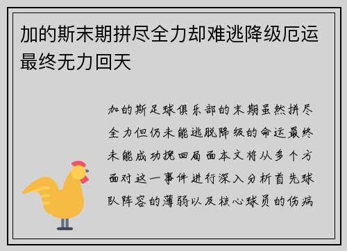 加的斯末期拼尽全力却难逃降级厄运最终无力回天