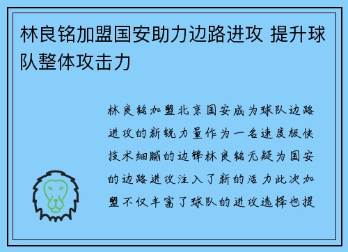 林良铭加盟国安助力边路进攻 提升球队整体攻击力