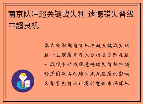南京队冲超关键战失利 遗憾错失晋级中超良机